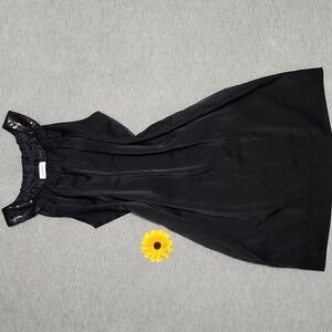 Calvin Klein Black Satin Sequin Sleeveless Midi Tank Balloon Bubble Shift Dress